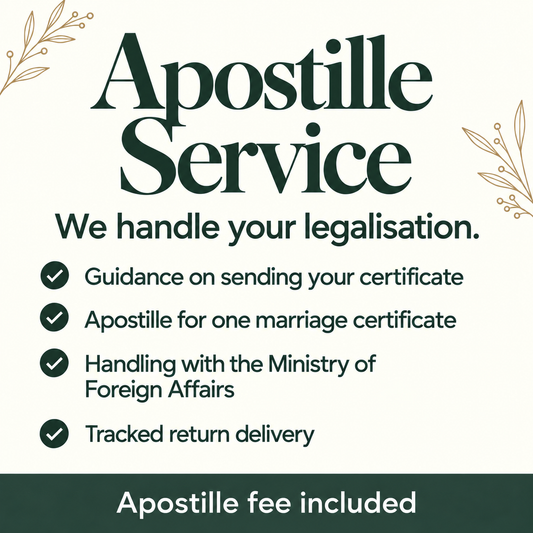Apostille service for Danish marriage certificates, including legalisation handling, official fees and tracked return delivery.